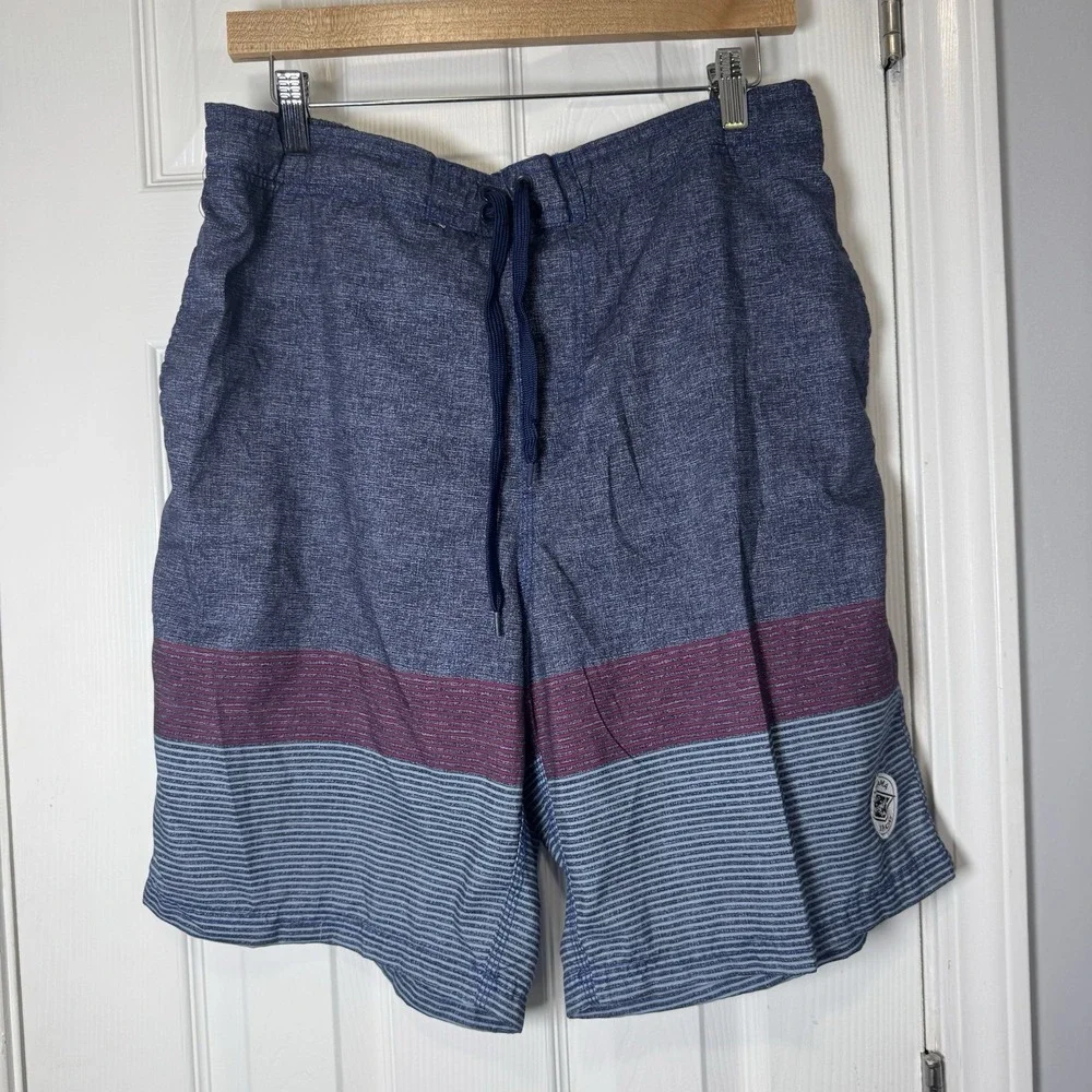 Panama Jack Mens Blue Geometric Striped Swim Trunks Mesh Lined Shorts Large